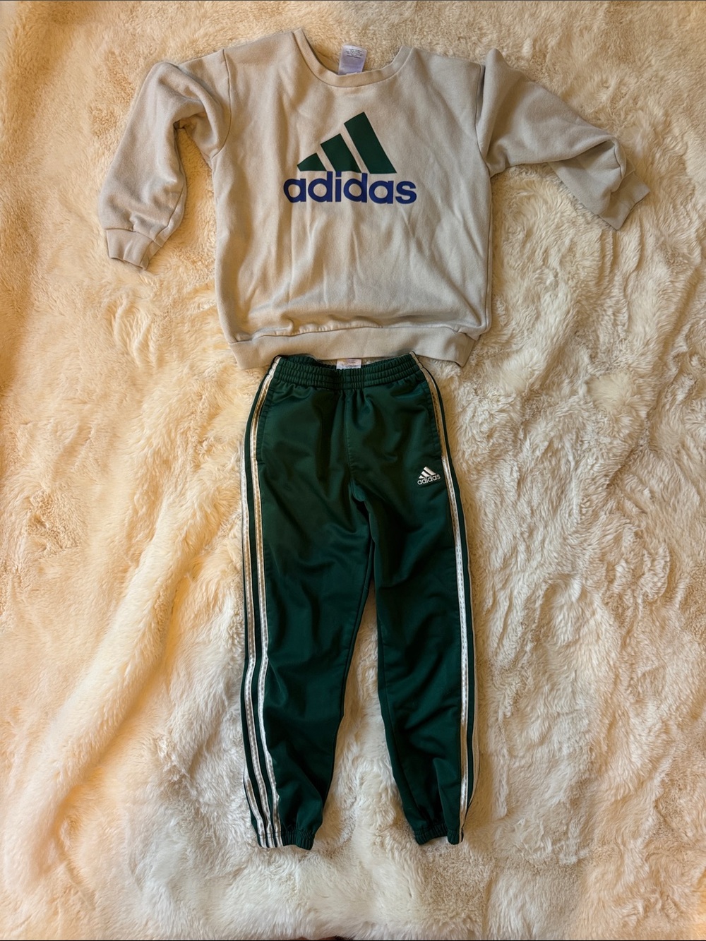 adidas Kids Cream Sweatshirt with Green Logo + Dark Green Track Joggers